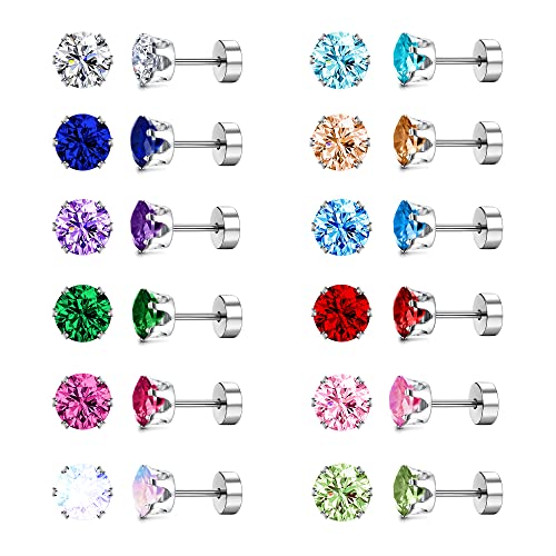Dochais 12 Paar Edelstahl Ohrstecker Set für Damen Herren Ohrstecker Silber Klein Ohrringe Stecker Bunt Damen Hypoallergene Cubic Zirkonia Ohrringe Helix Knorpel Piercing für Frauen Mädchen von Dochais
