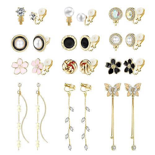 Dochais 12 Paar Ohrclips Damen - Herz, Stern, Blumen, Schmetterling Ohrringe - Hypoallergene Klipp Ohrringe, Ear Cuff Gold Silber, Ohrklemme Niedlich von Dochais