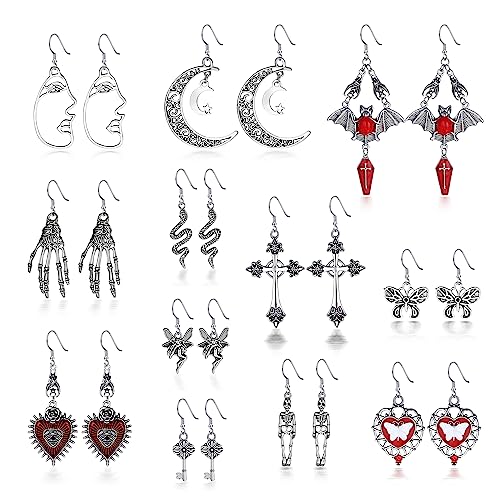 Dochais 12 Paar Gothic Punk Ohrringe, Rockabilly Vintage Ohrring Set, Fledermaus Schlange Totenkopf Schmetterling Mond Liebe Schlüssel Gothic Ohrringe, Für Damen Frauen von Dochais