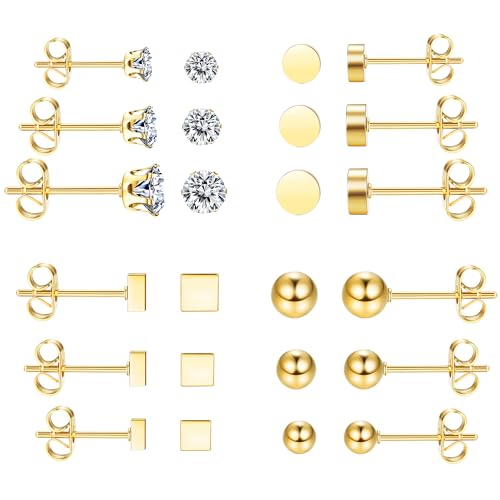 Dochais 12 Paar Ohrringe Set Edelstahl,Hypoallergen Ohrstecker Chirurgenstahl,Zirkonia Creolen Ohrstecker Set,Hoop Creolen Ohrringe für Herren Damen Unisex (Gold) von Dochais