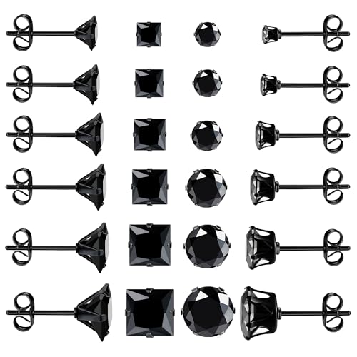 Dochais 12 Paar Ohrringe Set Edelstahl,Hypoallergen Ohrstecker Chirurgenstahl,Zirkonia Creolen Ohrstecker Set,Hoop Creolen Ohrringe für Herren Damen Unisex (Schwarzer) von Dochais