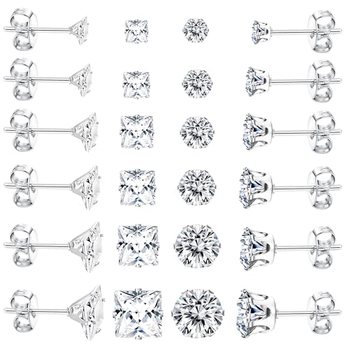 Dochais 12 Paar Ohrringe Männer,Ohrringe Herren Silber,Medizinische Ohrstecker aus 316L Chirurgenstahl, Hypoallergene Edelstahl Ohrring Set,Zirkonia Ohrstecker für Herren Damen Unisex von Dochais