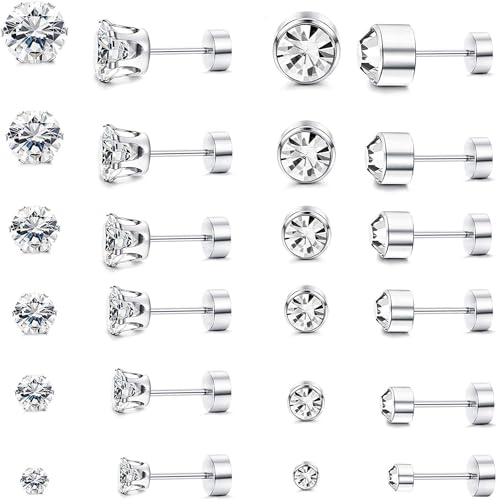 Dochais 12 Paar Ohrringe Silber für Herren Männer Damen Edelstahl Ohrstecker Chirurgenstahl Hypoallergen Kleine Brilliant Ohrstecker Set für Mehrere OhrlöCher mit Zirkon 3/4/5/6/7/8mm von Dochais