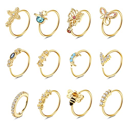 Dochais 12 Stück Nasenring Edelstahl, Nasenringe Nasenpiercing, Hoop Nose Ring, Helix Ring Set, Daith Ring, Hoop Ohrringe Septum, Schmetterling Biene Mond Nasenring für Damen Männer Gold 8mm 20G von Dochais