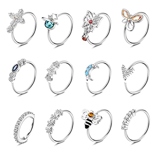 Dochais 12 Stück Nasenring Edelstahl, Nasenringe Nasenpiercing, Hoop Nose Ring, Helix Ring Set, Daith Ring, Hoop Ohrringe Septum, Schmetterling Biene Mond Nasenring für Damen Männer Silber 8mm 20G von Dochais