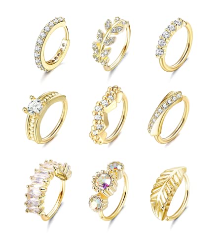 Dochais 9 Stück Nasenring Hoop, Nasenring 20g 8mm, Nasenring Septum Boho, Piercing Ohr Hoop, Opal Blatt Nasenring, Set Nasenring Piercing Gold für Frauen Männer von Dochais