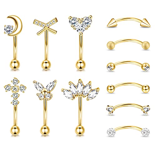 Dochais 12 Stück Piercing Augenbrauen 8mm, Piercing Curved Barbell, Rook Piercing Gold, Rook Piercing Ohr, Daith Piercing Schmuck, Rook Piercing Herz Mond, Piercing Stecker 16G für Damen Mädchen von Dochais