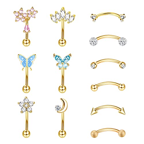 Dochais 12 Stück Piercing Augenbrauen Gold Piercing Curved Barbell Rook Piercings Ohr Bauchnabelpiercing Herz Mond Piercings Helix Conch Helix Daith 8mm 16G Schmuck für Mädchen Damen von Dochais