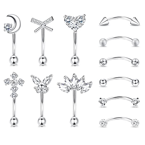 Dochais 12 Stück Piercing Augenbrauen 8mm, Piercing Curved Barbell, Rook Piercing Silber, Rook Piercing Ohr, Daith Piercing Schmuck, Rook Piercing Herz Mond, Piercing Stecker 16G für Damen Mädchen von Dochais