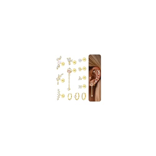 Dochais 12Pcs Helix Piercings Chirurgenstahl Ohrringe Piercing Set Ohrpiercing CZ Ohrstecker Klein Ohrringe Creolen Gold Knorpel Cartilage Conch Tragus Rook Piercing Ohr Schmuck 18G für Damen von Dochais