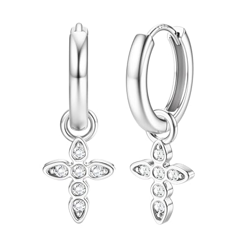 Dochais 14 Karat Vergoldet Huggie Creolen mit Blitz/Kreuz/Stern/Münz/PerlenOhrringe für Damen und Mädchen Chunky Knorpel Tropfen Ohrringe Hypoallergene Sehr Hautverträgliche Silber&Gold (Silbrig2) von Dochais