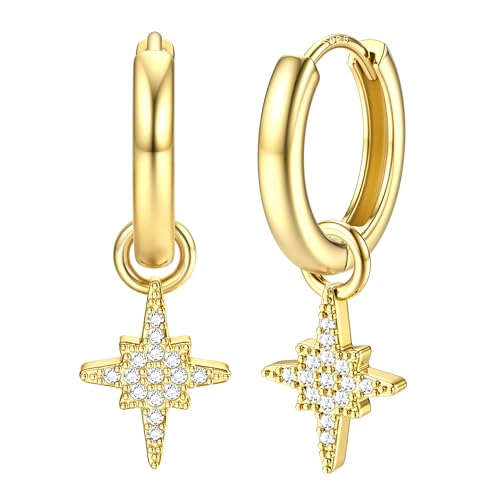 Dochais 14 Karat Vergoldet Huggie Creolen mit Blitz/Kreuz/Stern/Münz/PerlenOhrringe für Damen und Mädchen Chunky Knorpel Tropfen Ohrringe Hypoallergene Sehr Hautverträgliche Silber&Gold (Farbe5) von Dochais