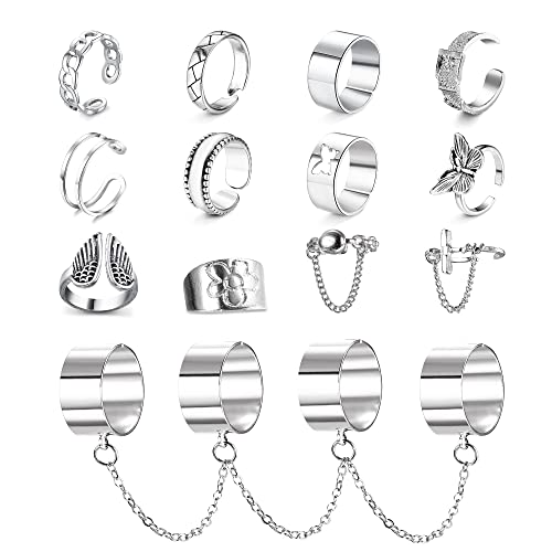 Dochais 15-20 Stück Gothic Ring Verstellbar Open Punk Ringe Damen,Kette Offene Hippie Ringe Set Silber,Vintage Y2K Rock Schmetterling Kreuzkette Fingerring Stapelring (Silber 16p-1) von Dochais