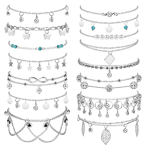 Dochais 15-24 Stück Glänzende Silber Fußkettchen mit Strass Wasserdicht Boho Verstellbare Sommer Fußkettchen Damen Fußkette Vintage Perlen Fussketten, 21cm (15 Stück, A) von Dochais