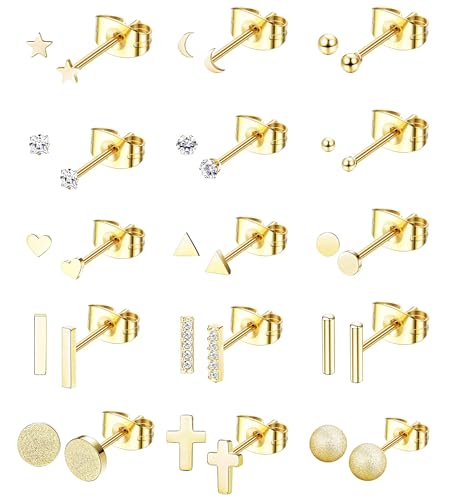 Dochais 15Paar Ohrstecker für Frauen Winzige Ohrstecker Edelstahl Ohrringe Sets 18K Gold Ohrstecker Knorpel Helix Ohr Piercing Ohrstecker Schmuck von Dochais