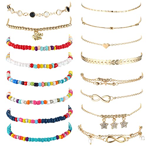 Dochais 15-24 Stück Glänzende Silber Fußkettchen mit Strass Wasserdicht Boho Verstellbare Sommer Fußkettchen Damen Fußkette Vintage Perlen Fussketten, 21cm (16 Stück) von Dochais