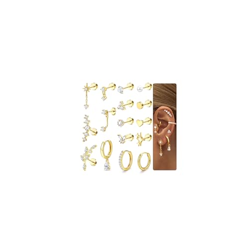 Dochais 16Pcs Helix Piercings Chirurgenstahl Ohrringe Piercing Set Flatback Ohrstecker Creolen Ohr Piercings Knorpel Ohrringe Damen Gold Silber Conch Tragus Piercing Ohr Einzelner Ohrring Schmuck von Dochais