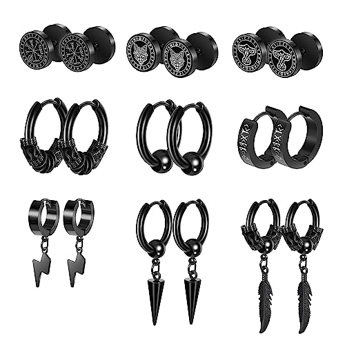 Dochais 6 Paar Ohrringe Herren Set,Punk Ohrringe Wikinger Viking Wolfskopf Kompass,Edelstahl Ohrringe Tunnel Plug Ohrringe Creolen Ohrstecker für Damen Herren (Schwarz 9 Paires) von Dochais