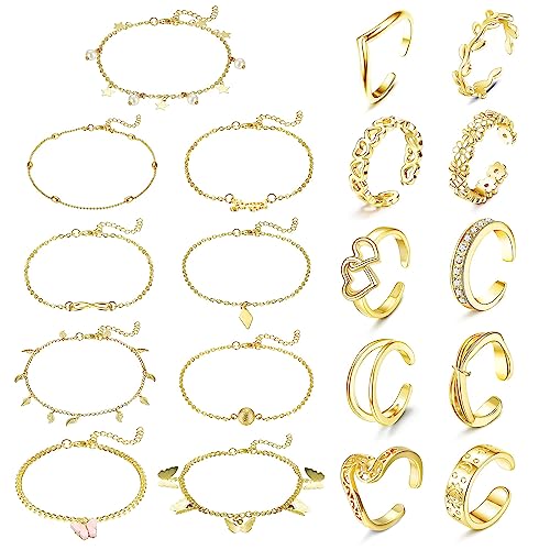 Dochais 19 Stück Gold Fußkettchen für Damen und Manschette Zehenring Frauen Set Verstellbar Boho Fussketten mit Anhänger Offener Ringe Minimalistischer Strand Fuß Schmuck Mädchen Geschenk von Dochais