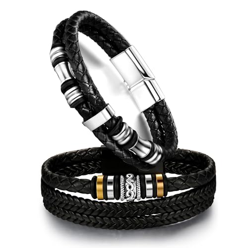 Dochais 2 Stücke Herren Armband, Premium Lederarmband für Männer in Schwarz Magnetverschluss aus Edelstahl Premium Echtlederarmband aus Leder Echtleder Geflochten Mit Magnet Verschluss 21CM von Dochais