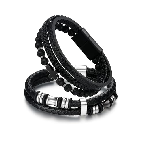 Dochais 2 Stücke Lederarmband Herren Schwarz, 21cm Männer Leder Armbänder Personalisierte Geschenke Armband Mann Schmuck Herrenarmband für Ihn Ehemann Freund Papa Partner Mann Geburtstags Weihnachten von Dochais