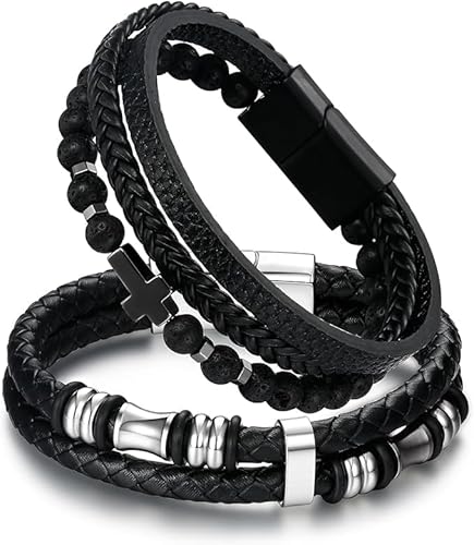 Dochais 2 Stücke Lederarmband Herren Schwarz, 23cm Männer Leder Armbänder Personalisierte Geschenke Armband Mann Schmuck Herrenarmband für Ihn Ehemann Freund Papa Partner Mann Geburtstags Weihnachten von Dochais