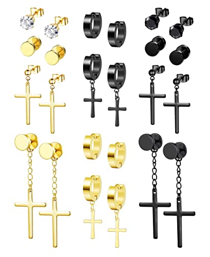 Dochais 10-20 Paar CZ Magnet Ohrring Klappbare Kreuz Creolen Set,Schwarz Edelstahl Kreuz Ohrringe,Creolen Ohrringe Schwarz Silber Set,Ohrstecker Creolen Set (Schwarz+Gold) von Dochais