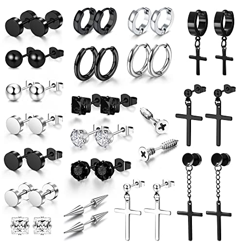 Dochais 10-20 Paar CZ Magnet Ohrring Klappbare Kreuz Creolen Set,Schwarz Edelstahl Kreuz Ohrringe,Creolen Ohrringe Schwarz Silber Set,Ohrstecker Creolen Set (Schwarz+Silber) von Dochais