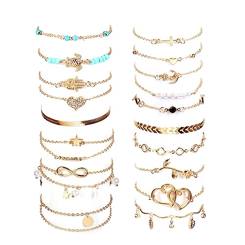 Dochais 20 Stück Armband Damen, Kettenarmbänder Verstellbar, Unendlichkeit Herz Armbände, Kreuz Stern Rosen Schildkröten Bohème Armband, Silber Gold Armbander Für Damen Mädchen Frauen (Gold) von Dochais