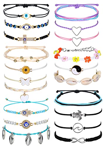 Dochais 20 Stück Boho Armbänder Geflochten, Sommer Surfer Fußkettchen Armbänder, Beach Armbänder, Strand Armbänder Set, Einstellbare Wasserdichte Freundschaftsarmband für Damen Frauen von Dochais