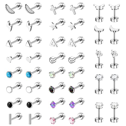 Dochais 21 Paar Ohrringe Chirurgenstahl für Frauen Männer, Piercing Ohr, Tragus Piercing, Helix Piercings, Stern Mond Rund Blitz Sterne Hypoallergene Ohrringe, Mondstein Türkis Ohrstecker Set von Dochais