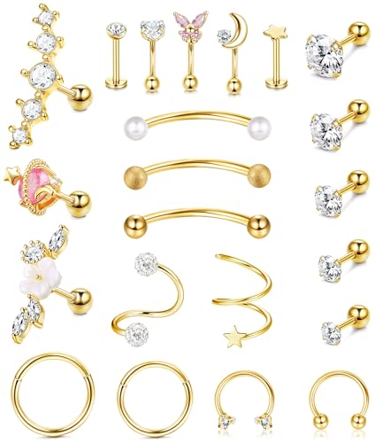 Dochais 22 Stück Couch Piercing Stecker Piercing Knorpel Tragus Piercing Stecker Helix Conch Piercing Ring Set Piercing Stecker Edelstahl Piercing Stecker 16G 18G 20G für Damen Herren Gold von Dochais