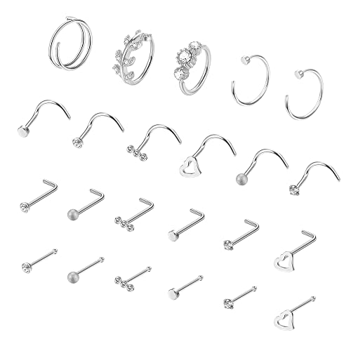 Dochais 23/28 Stück Nasenstecker aus 316l lEdelstahl,L Form Klein Nasenpiercing Stecker Ringe,C Förmig Silber Spirale Nase Stecker mit Strass, Nase Piercing Ringe für Frauen Männer 20G von Dochais