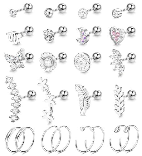 Dochais 24 Stück Couch Piercing Stecker Piercing Knorpel Tragus Piercing Stecker Helix Conch Piercing Ring Set Piercing Stecker Edelstahl Piercing Stecker 16G 18G 20G für Damen Herren Silber von Dochais