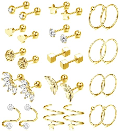 Dochais 28 Stück Couch Piercing Stecker Piercing Knorpel Tragus Piercing Stecker Helix Conch Piercing Ring Set Piercing Stecker Edelstahl Piercing Stecker 16G 18G 20G für Damen Herren Gold von Dochais