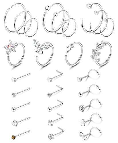 Dochais 23/28 Stück Nasenstecker aus 316l lEdelstahl,L Form Klein Nasenpiercing Stecker Ringe,C Förmig Silber Spirale Nase Stecker mit Strass, Nase Piercing Ringe für Frauen Männer 20G von Dochais