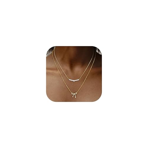 Dochais 2Pcs Schleife Herz Halskette Damen Gold Kette Damen 14 Karat Vergoldet Goldketten Herz Anhänger Kette Verstellbar Gold Nacklace Stapelbare Doppel Layering Halskette Schmuck Frauen Mädchen B von Dochais
