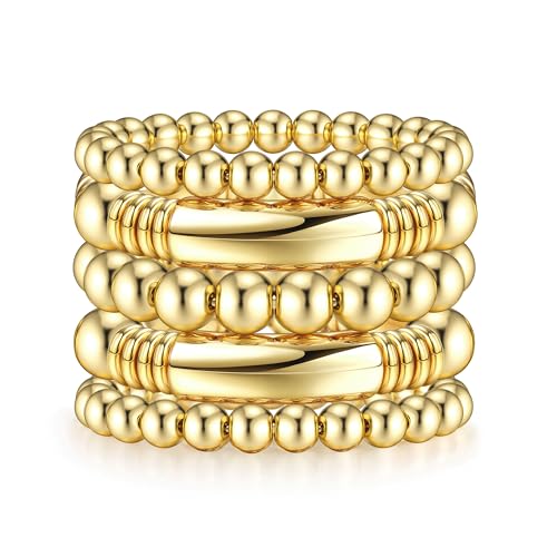 Dochais 3-5 Stück Boho Armband Damen, Stapelbare Mehrschichtiges Perlen Armbänder, Silber Gold Bohemian Armband Damen, Sommer Strand Surferarmband Damen, Chunky Curved Armbänder (5 pcs, Gold) von Dochais