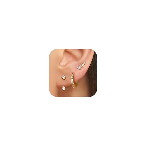Dochais 3 Paar Ohrringe 14K Vergoldet Ohrstecker,Gold Kleine Ohrstecker, Hypoallergen Ohrringe,Stapelbar Zirkonia Ohr Creolen Set für Mehrere Piercings für Damen Mädchen,(Gold1) von Dochais