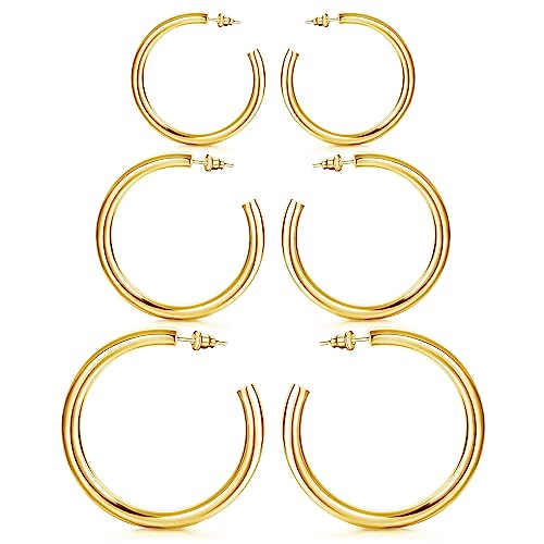 Dochais 3 Paar 14K Sterling Silber Creolen für Damen 4 mm Dünne Creolen Groß Gold Creolen Leichte Hypoallergen Große Creolen 30/40/50MM von Dochais