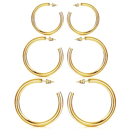 Dochais 3 Paar 14K Sterling Silber Creolen für Damen 4 mm Dünne Creolen Groß Gold Creolen Leichte Hypoallergen Große Creolen 30/40/50MM von Dochais