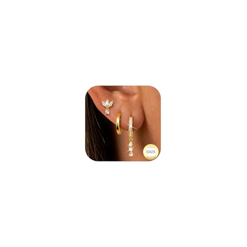 Dochais 3 Paar Ohrringe Gold Set für Damen Ohrringe Silber 925 Creolen Klein 10mm Ohrstecker 14 Karat Vergoldet Hoop Earrings Ohrstecker Zirkonia Hypoallergen Cartilage Helix Piercings für Frauen A von Dochais