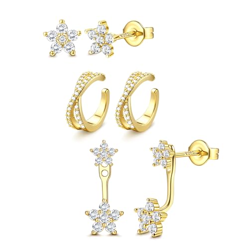 Dochais 3 Paar Ohrringe Ohrstecker Silber 925 für Damen Hypoallergene 14K Vergoldete Ohrringe Ear Cuff Ohrring Gold Set Ohrstecker Zirkonia Klein Helix Knorpel Conch Tragus Piercing Ohr Schmuck B von Dochais