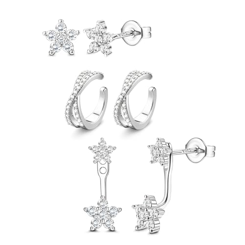 Dochais 3 Paar Ohrringe Ohrstecker Silber 925 für Damen Hypoallergene 14K Vergoldete Ohrringe Ear Cuff Ohrring Silber Set Ohrstecker Zirkonia Klein Helix Knorpel Conch Tragus Piercing Ohr Schmuck B von Dochais