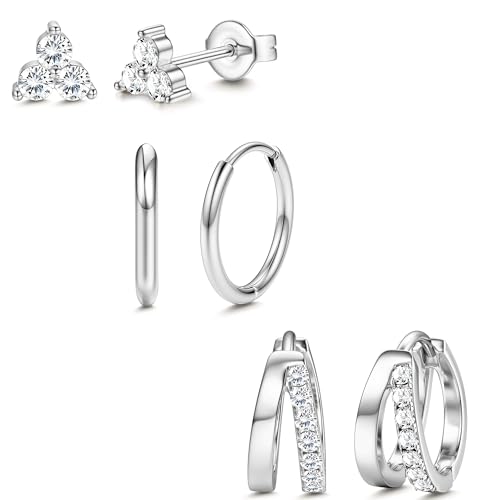 Dochais 3 Paar Ohrringe Silber Set 14K Vergoldete Ohrringe Ohrstecker Klein Ohrringe Creolen Set Doppel Ohrringe Hypoallergene Ohrstecker Zirkonia Schlafen Knorpel Ohrstecker für Damen Herren von Dochais
