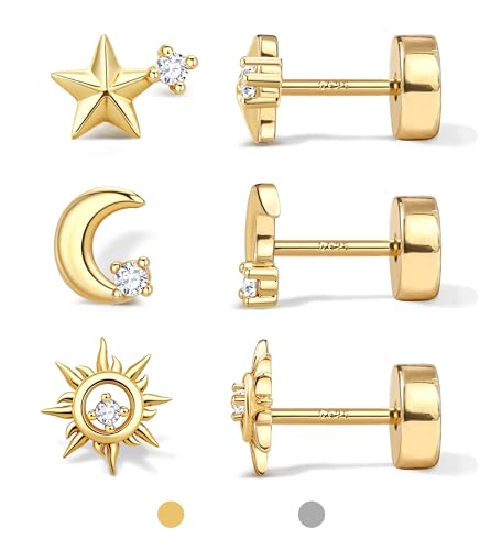 Dochais 3 Paar Ohrstecker Silber 925 für Damen Herren Ohrringe Silber 925 Stecker 14 Karat Vergoldet Kleine Ohrstecker Hypoallergenes Ohrringe Set Cartilage Knorpel Helix Conch Piercing Ohr Gold A von Dochais
