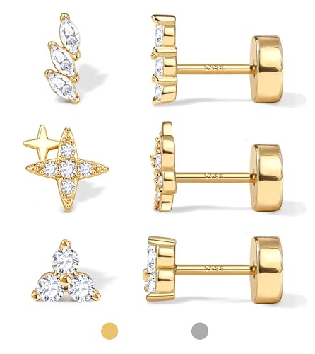 Dochais 3 Paar Ohrstecker Silber 925 für Damen Herren Ohrringe Silber 925 Stecker 14 Karat Vergoldet Kleine Ohrstecker Hypoallergenes Ohrringe Set Cartilage Knorpel Helix Conch Piercing Ohr Gold B von Dochais