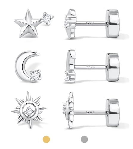 Dochais 3 Paar Ohrstecker Silber 925 für Damen Herren Ohrringe Silber 925 Stecker 14 Karat Vergoldet Kleine Ohrstecker Hypoallergenes Ohrringe Set Cartilage Knorpel Helix Conch Piercing Ohr Silber A von Dochais