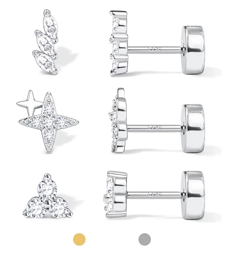 Dochais 3 Paar Ohrstecker Silber 925 für Damen Herren Ohrringe Silber 925 Stecker 14 Karat Vergoldet Kleine Ohrstecker Hypoallergenes Ohrringe Set Cartilage Knorpel Helix Conch Piercing Ohr Silber B von Dochais