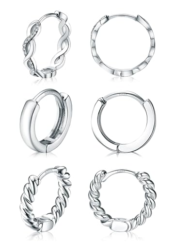 Dochais 3 Paare Silber 925 Creolen Set - Ohrringe für Damen und Herren - Sterling Silber Kleine Creolen mit AAA Zirkonia - Hypoallergene Leichte 13/15/20mm von Dochais